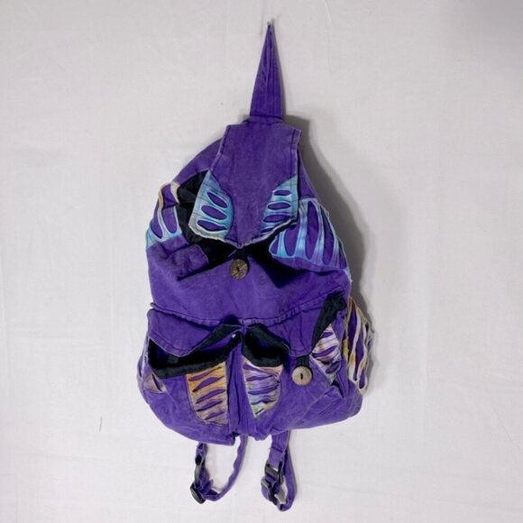 Handmade In Nepal Purple Cotton Boho Hippie Backpack W Razor Cut Accents - Picture 1 of 14